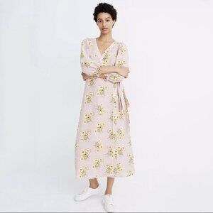 Madewell Linen-Blend Ruffle-Cuff Wrap Midi Dress Floral Dutch Dandelions Sz S